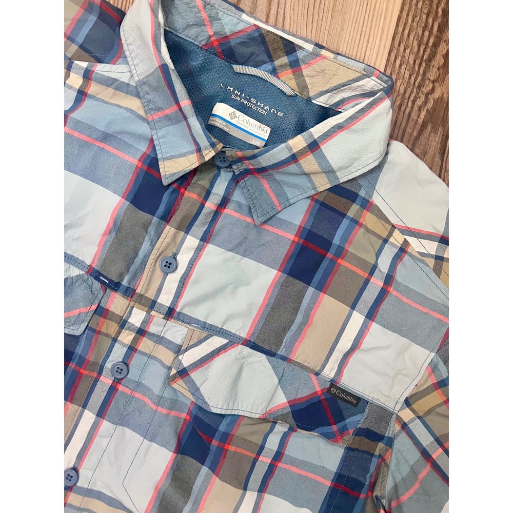 Columbia Omni-Shade Mens Large Blue Plaid Short Sleeve Hiking Fishing Shirt